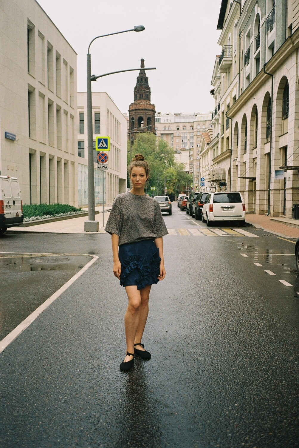 Denim mini skirt with ruffles