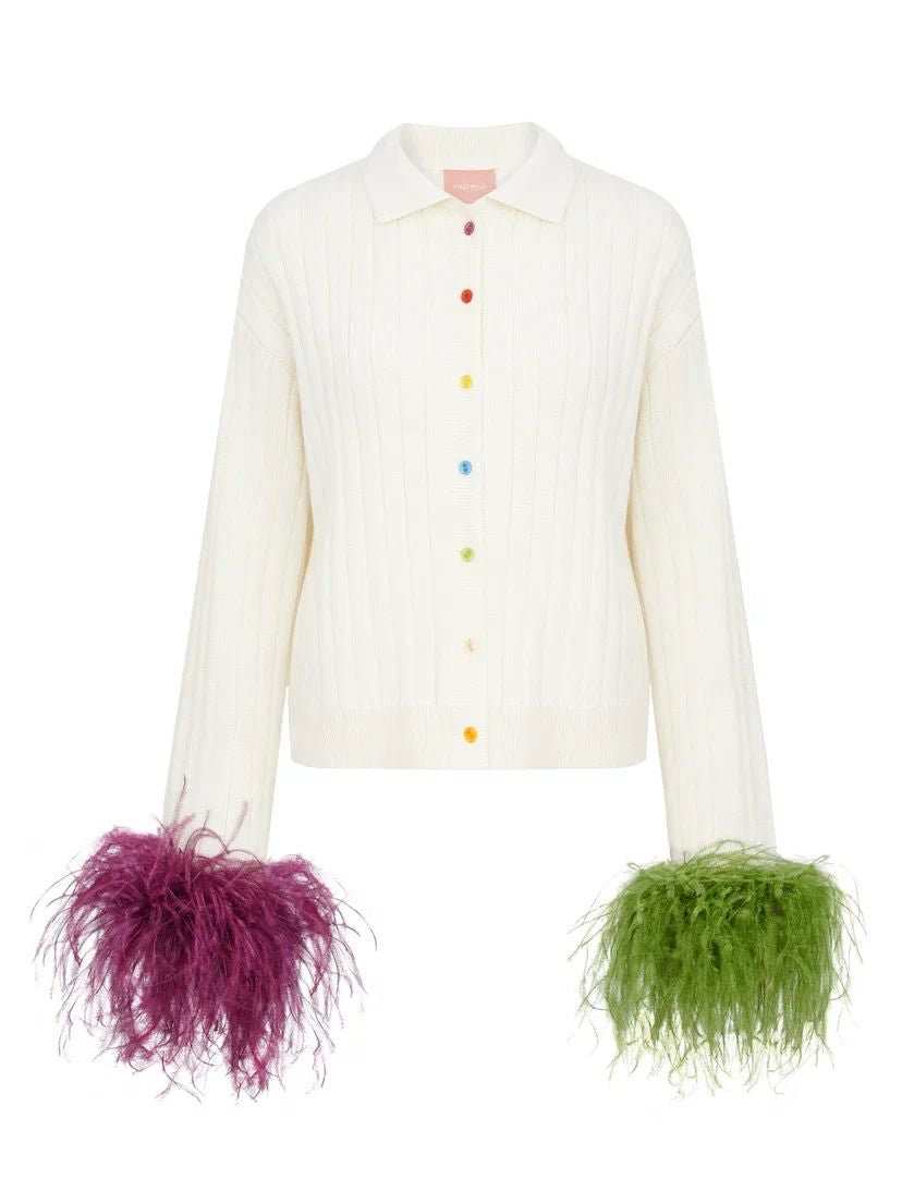 Cardigan with colorful feathers